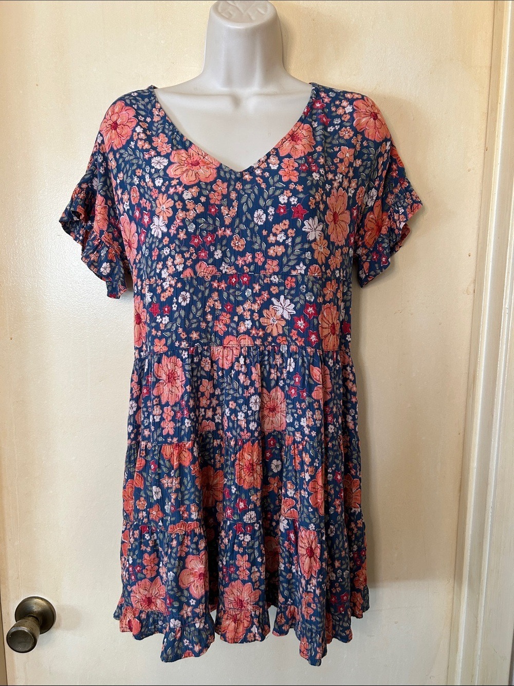 Angie Blue Floral Mini Dress with Coral Pink Flowers